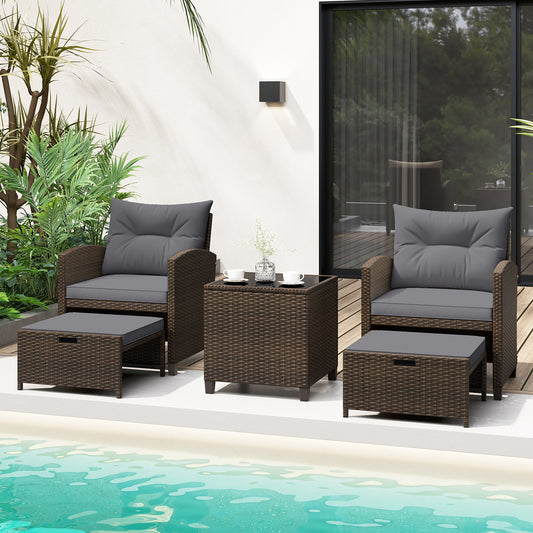 The patio furniture set arranged on a paved area next to a pool