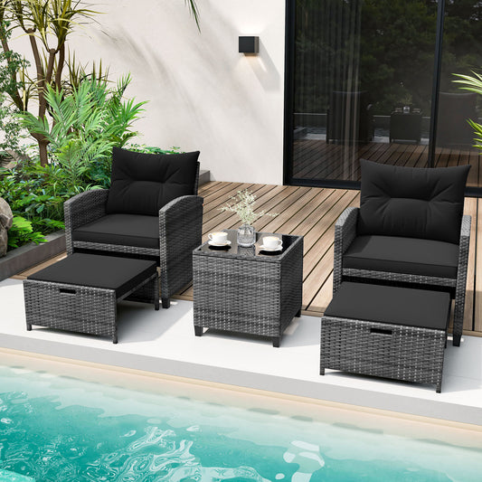 The patio furniture set arranged on a deck by a swimming pool