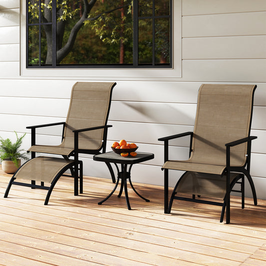 Two patio chairs and a side table on a wooden deck