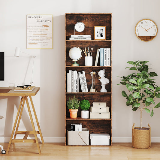 The rustic brown five-tier bookshelf filled with books, a globe, and decorative items