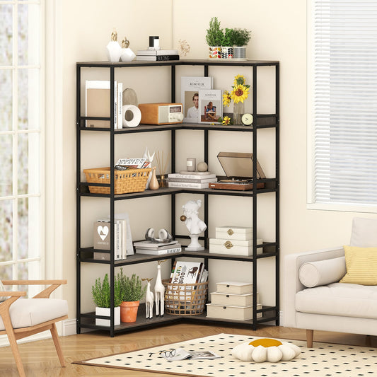 The corner bookshelf styled with books, plants and decorative items in a living room setting