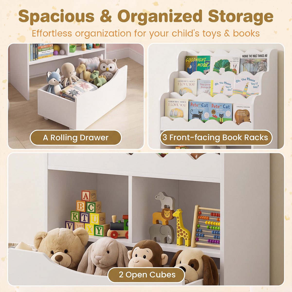 Features of the kids storage unit including drawer and cubes