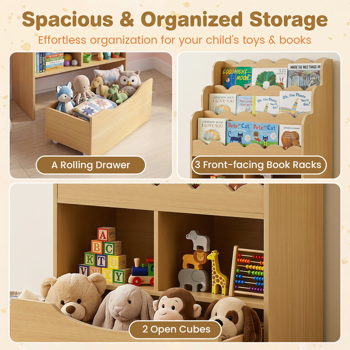 The kids storage unit showing close-ups of the rolling drawer, book racks, and open cubes
