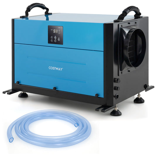 The industrial dehumidifier shown with its long clear plastic drain hose coiled in front