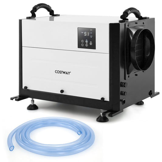 The industrial dehumidifier shown with its included blue plastic drain hose on the floor