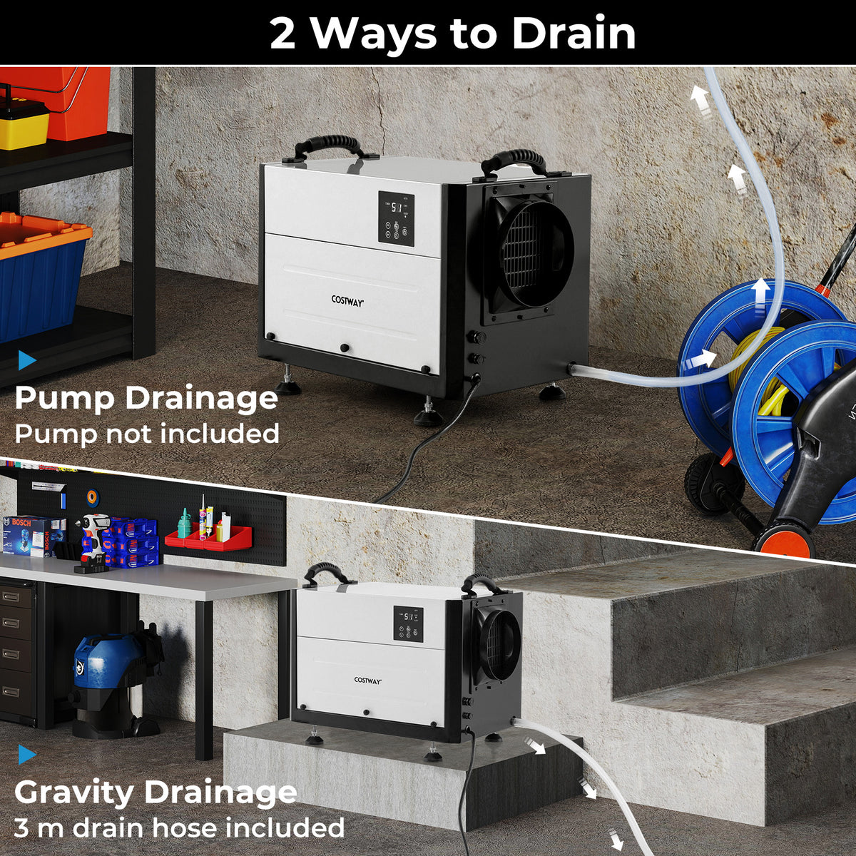 50/70L/Day Industrial Dehumidifier with Pump and Drain Hose-White-50L