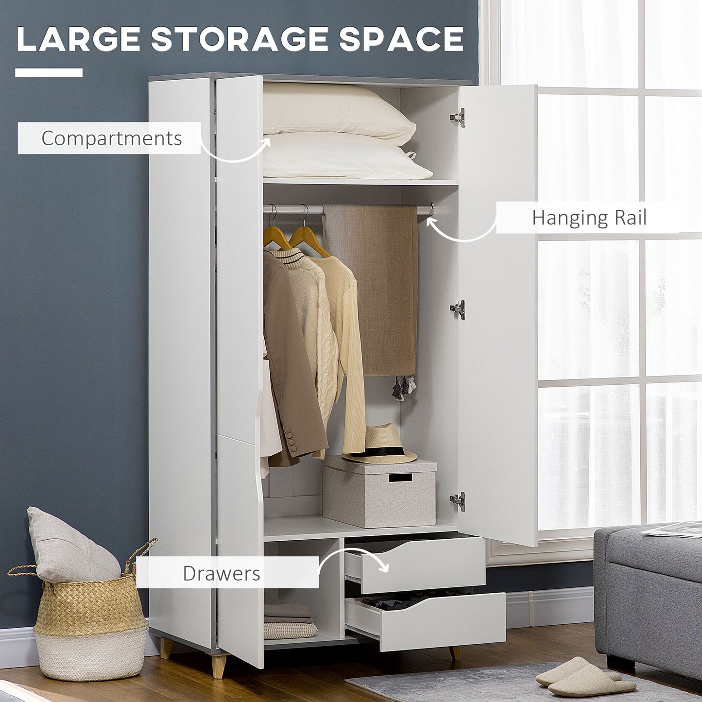 HOMCOM Bedroom Furniture Set, Wardrobe with Hanging Rail, 3 Drawer Chest of Drawers with Cut-out Handles, Grey and White