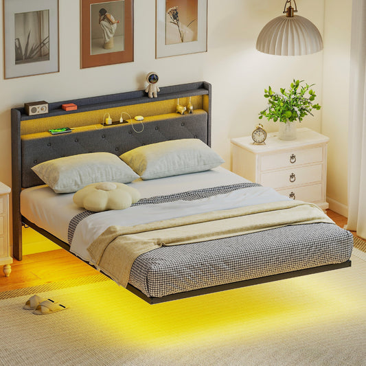 إطار سرير عائم من هوم كوم، سرير مزدوج منجد بمقاس 4 قدم 6 بوصة، سرير منصة بإضاءة LED RGB ومحطة شحن، لون رمادي