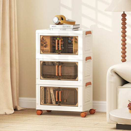 Three stacked plastic storage bins with clear doors in a room setting