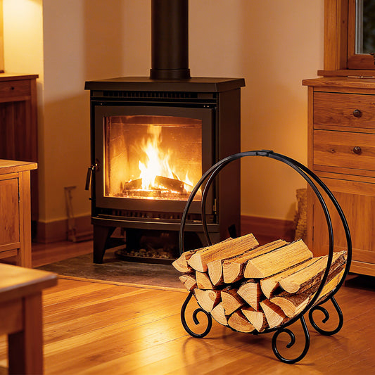 The log hoop filled with firewood beside a modern black wood burning stove
