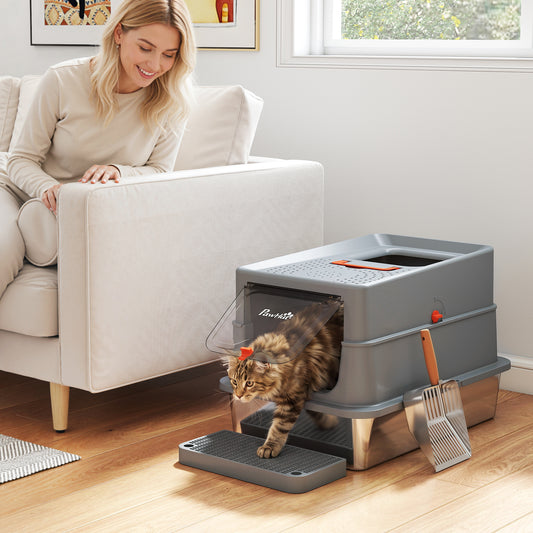 PawHut Stainless Steel Cat Litter Tray with Lid in Dark Grey