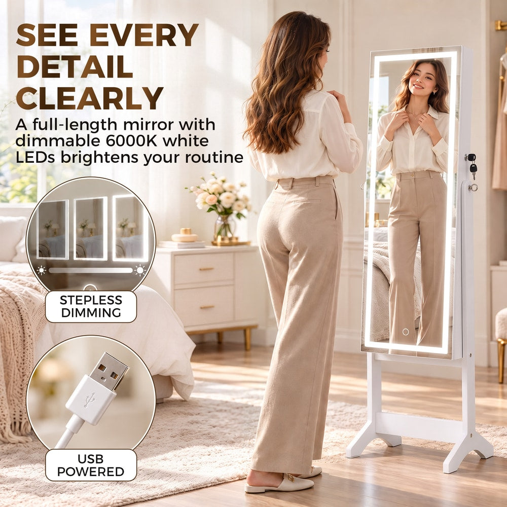 HOMCOM Mirror Jewelry Cabinet with LED Light, Freestanding Lockable Full Length Mirror with Storage, 3 Angles Adjustable, White