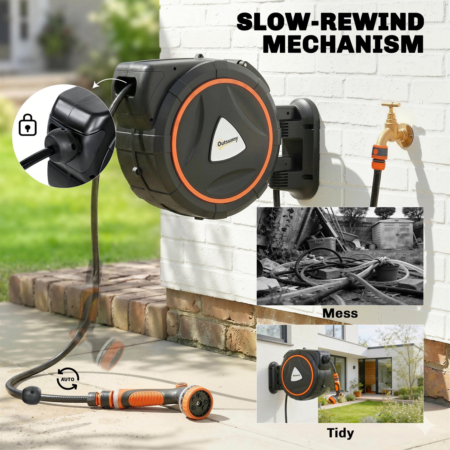 Outsunny 23+2m Retractable Hose Reel Wall Mounted with Auto Retraction, Self-Locking, Slow Return System, 12-Pattern Nozzles