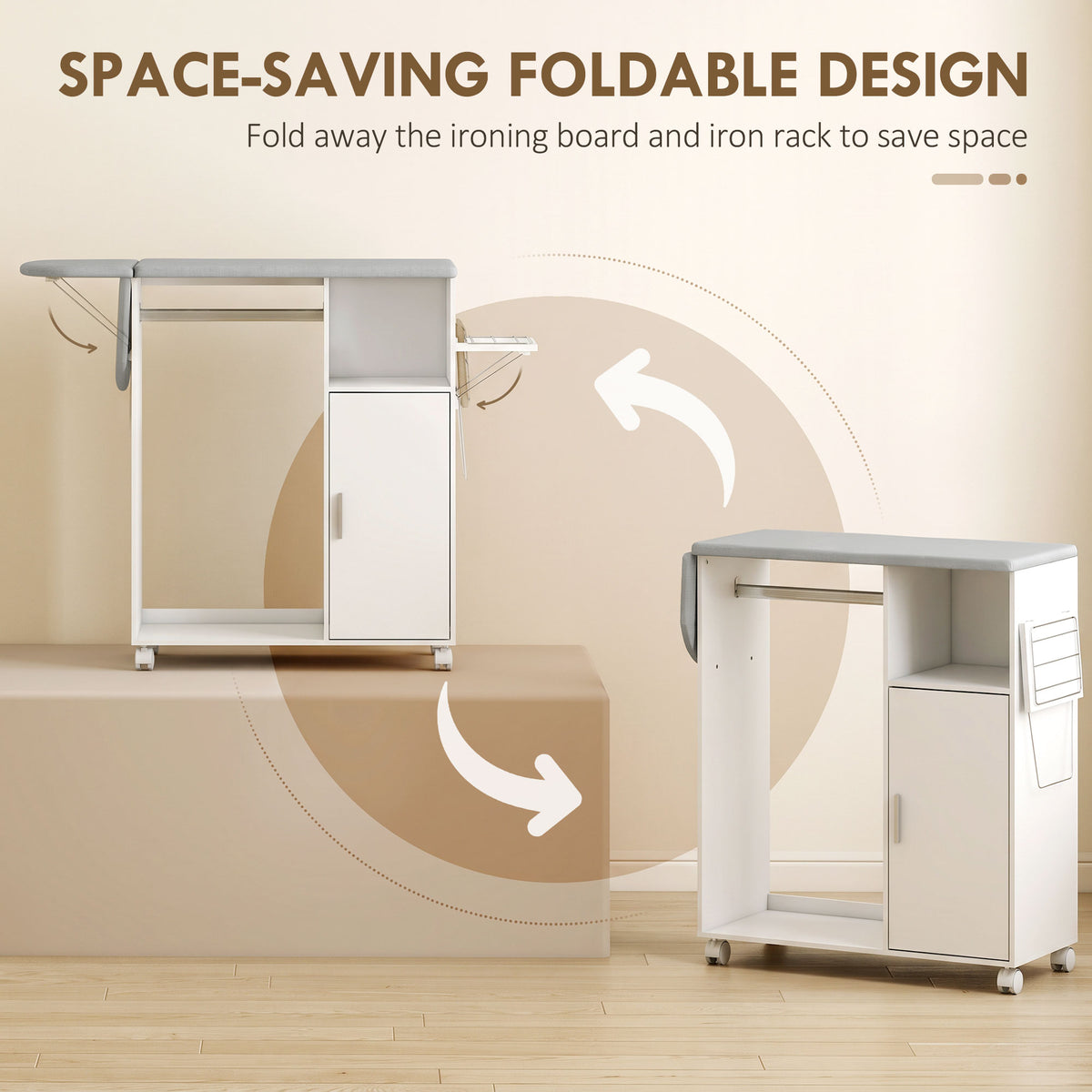 HOMCOM Rolling Ironing Board Cabinet, Foldable Ironing Station with Storage, Wheels for Home, Laundry Room, White