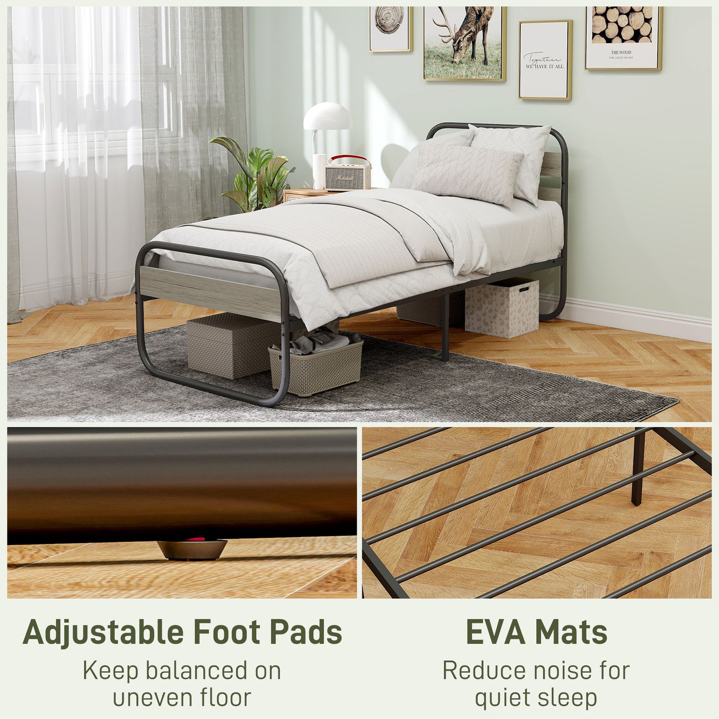 HOMCOM 3ft Single Bed Frame, Industrial Style Metal Platform Bed Frame with Under Bed Storage, No Box Spring Needed, Easy Assembly, Grey
