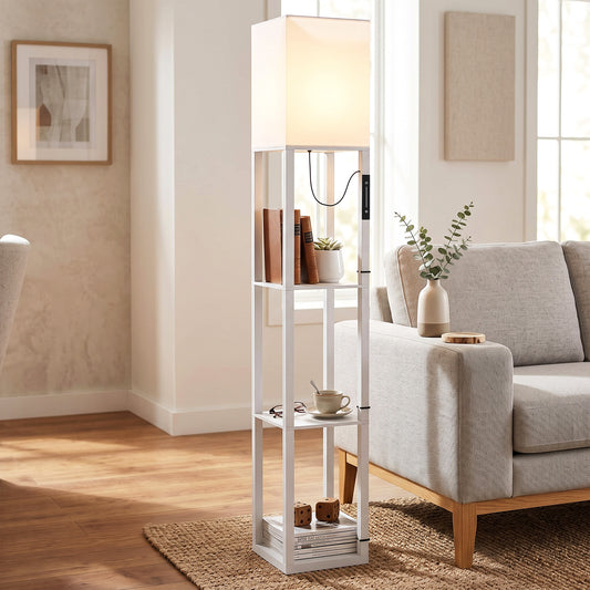 HOMCOM Floor Lamp with Shelves, Modern Dimmable Standing Lamp with Fabric Lampshade, Adjustable Colour Temperature, White