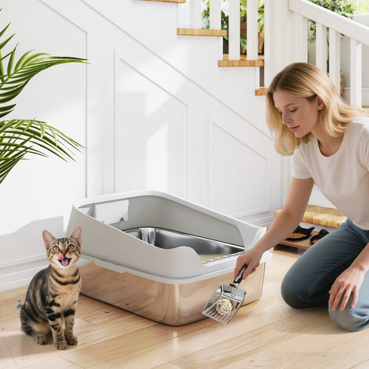 صندوق فضلات القطط PawHut XXL من الفولاذ المقاوم للصدأ بجوانب مرتفعة، ومغرفة معدنية، 70 × 50 × 30 سم