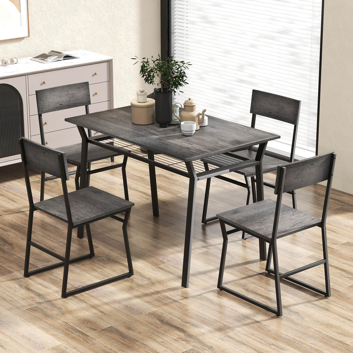 5 Piece Dining Table Set with Storage Rack and Metal Frame-Grey