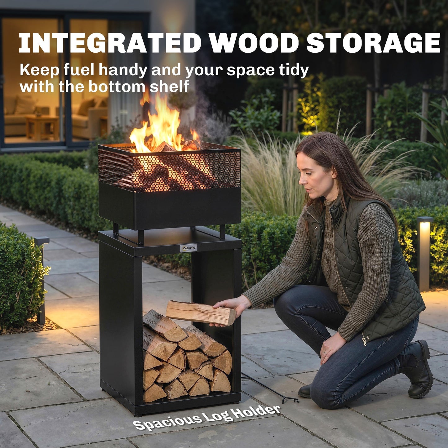 Outsunny Outdoor Fire Pit with Wood Storage Wood Burning Firepit with Mesh Sides 87 cm Black