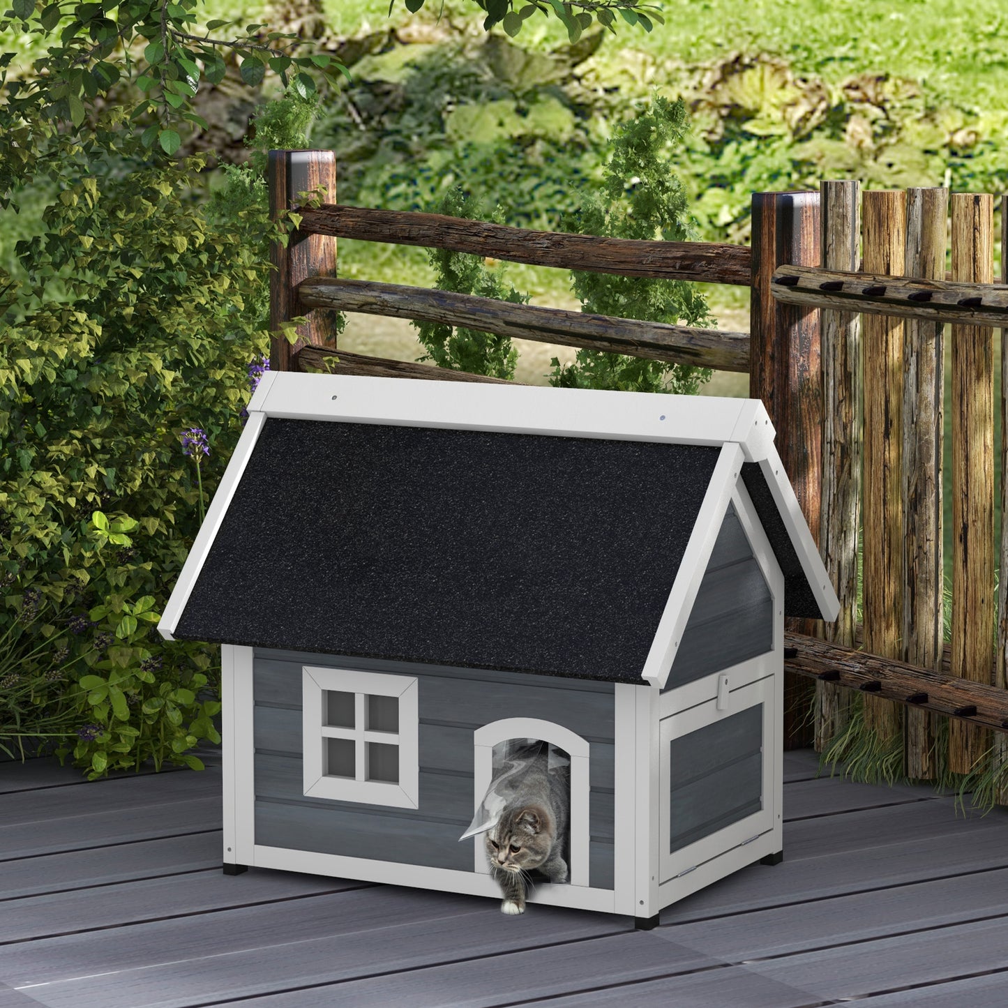 PawHut Outdoor Cat House, Wooden Feral Cat Shelter, with Openable Asphalt Roof, Three Doors - Grey