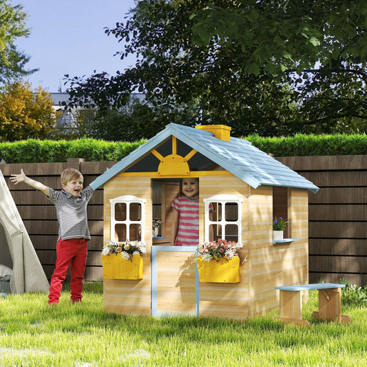 Outsunny Wooden Playhouse, Wendy House w/ Door, Bench, Flowerpot Holder, For Ages 3-7 Years, Blue
