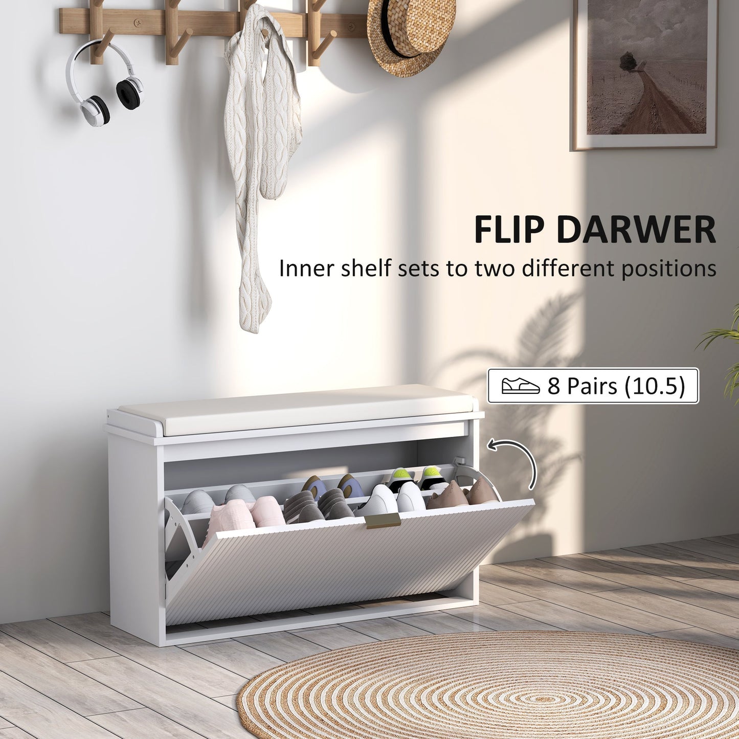 HOMCOM Elegant Eight Shoe Bench, with Top Seat - White