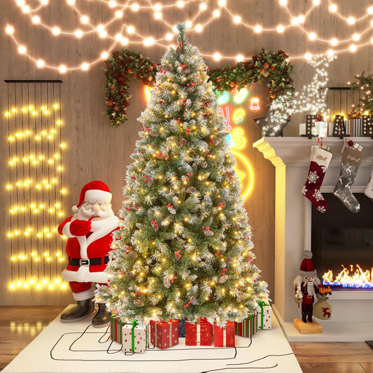 The Christmas tree is set up in a festive room with Santa and presents