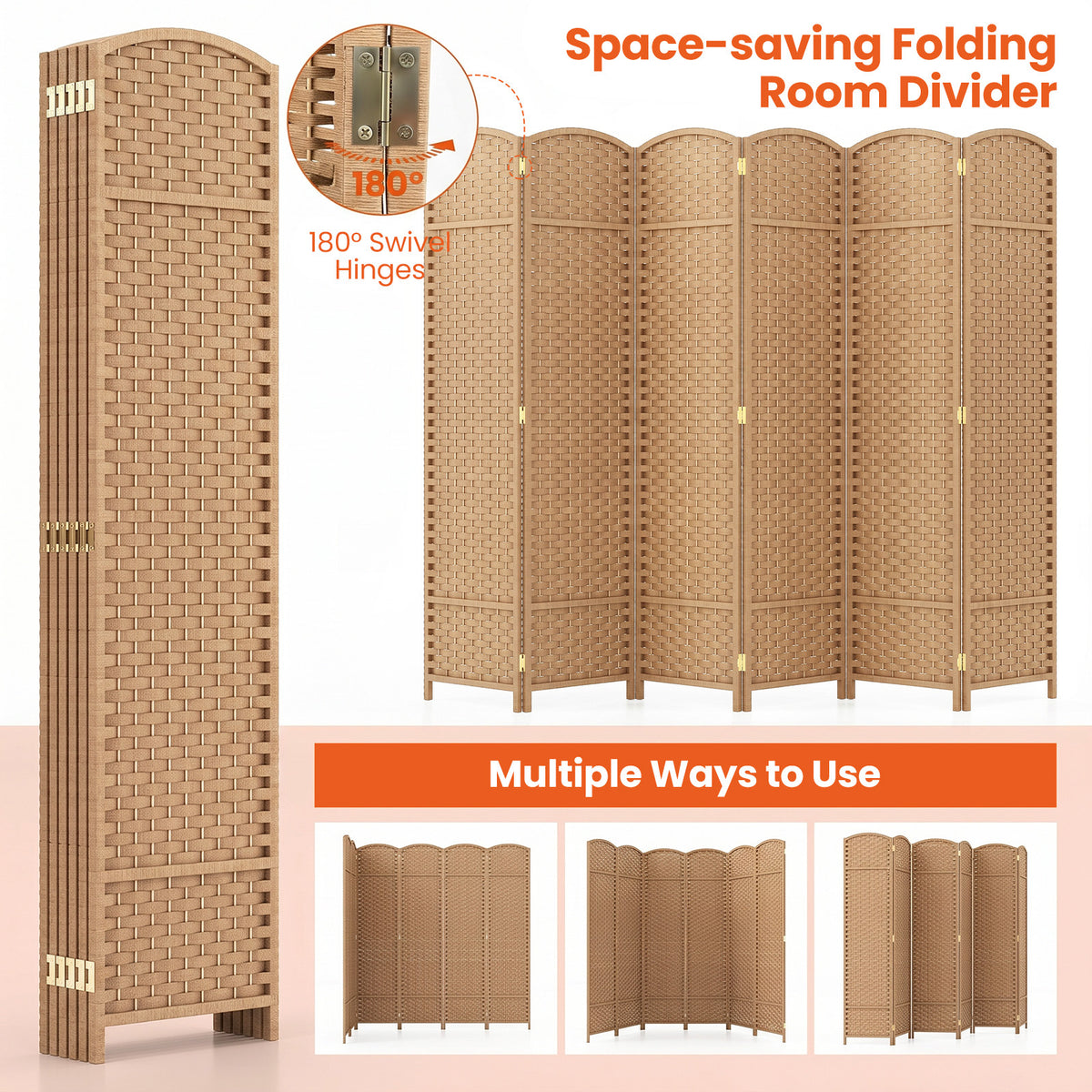 6-Panel Room Divider Folding Privacy Screen with Hand-woven Texture-Natural