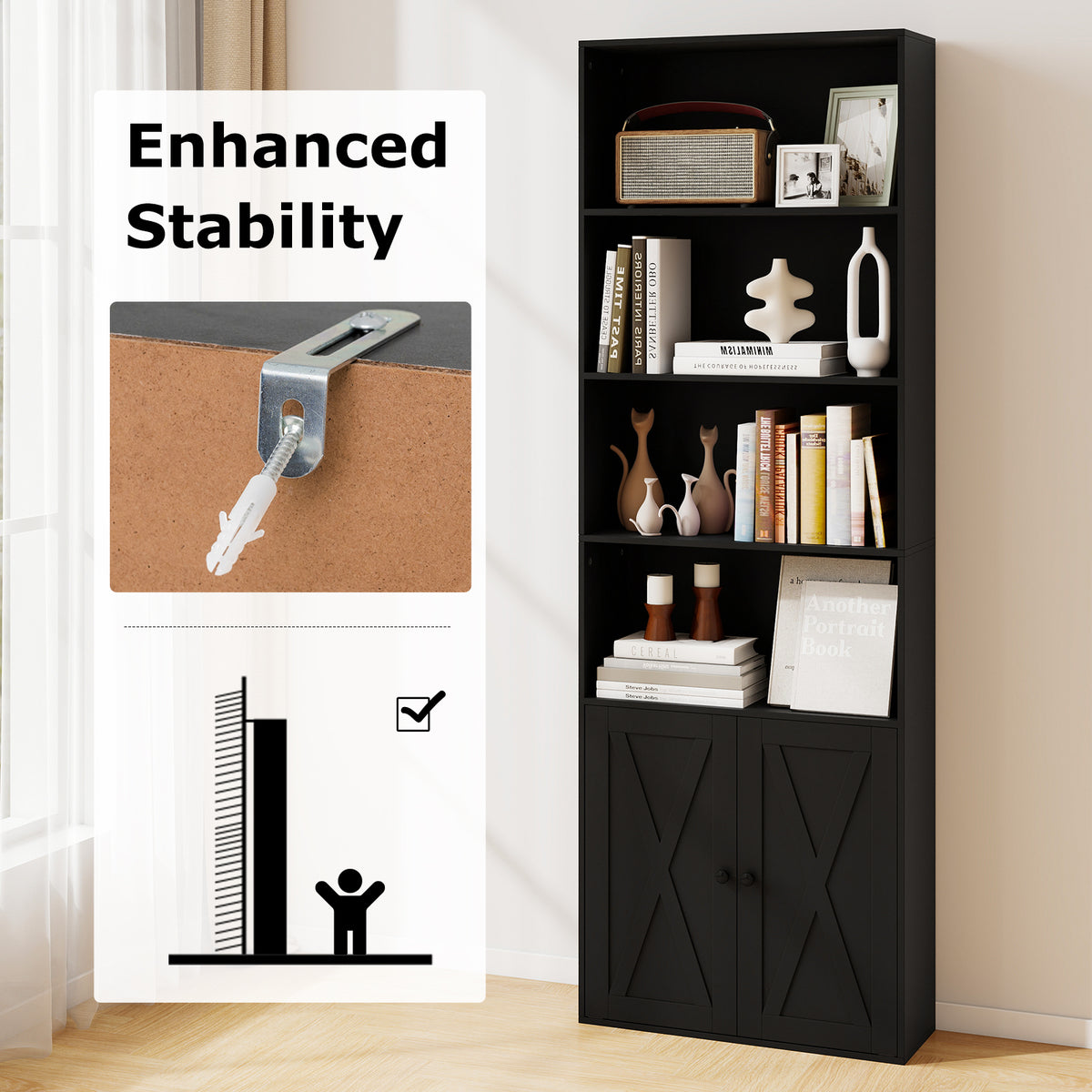 6-Tier Freestanding Bookcase with Farmhouse Style Cabinet Doors-Black