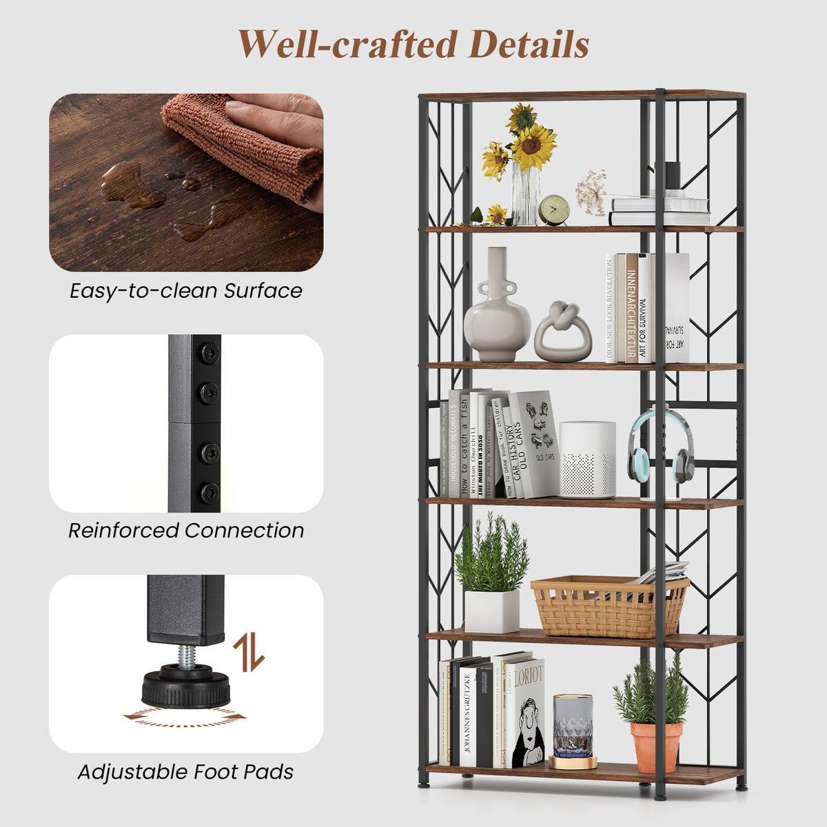 6-Tier Modern Geometric Bookcase with Heavy-duty Metal Frame for Study-Rustic Brown