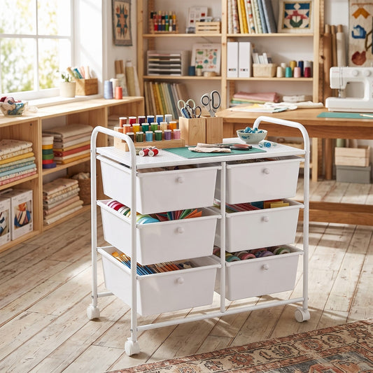 The storage unit filled with craft supplies in a bright and organised sewing room setting