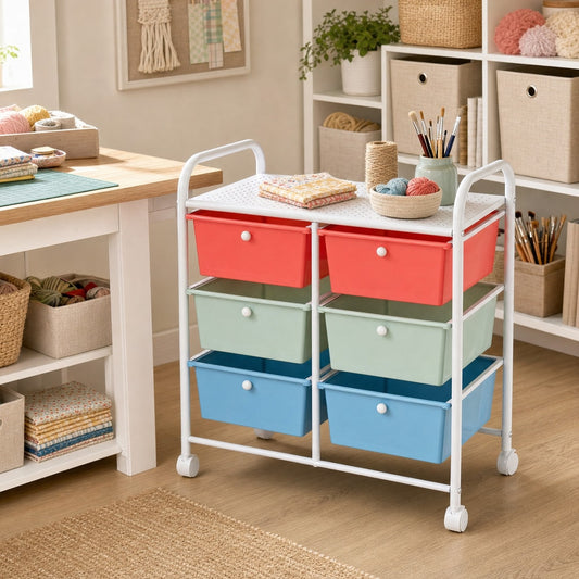 The storage cabinet is shown in a craft room setting with various supplies