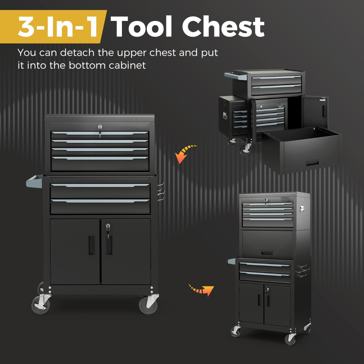 The tool chest showing how the top section can be detached and stored in the bottom cabinet
