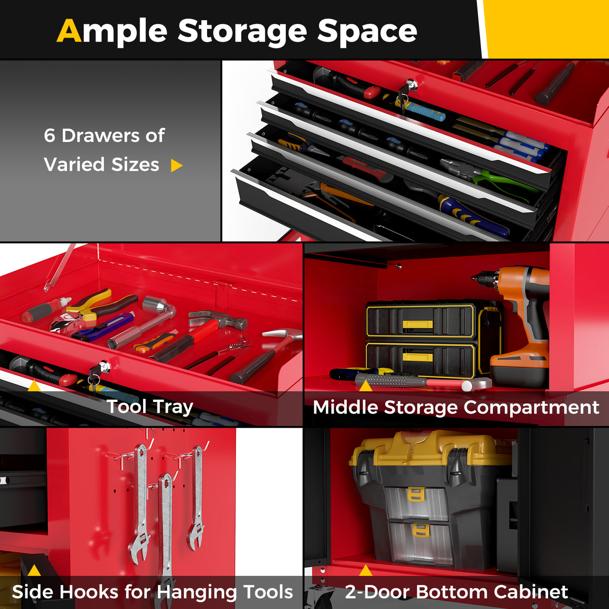 Ample storage space in the red and black tool chest with drawers and cabinet