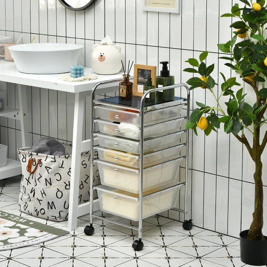 The storage trolley placed in a bathroom next to a white sink and a lemon tree