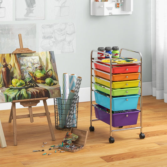The storage trolley in a craft room setting, with art supplies and a painting on an easel