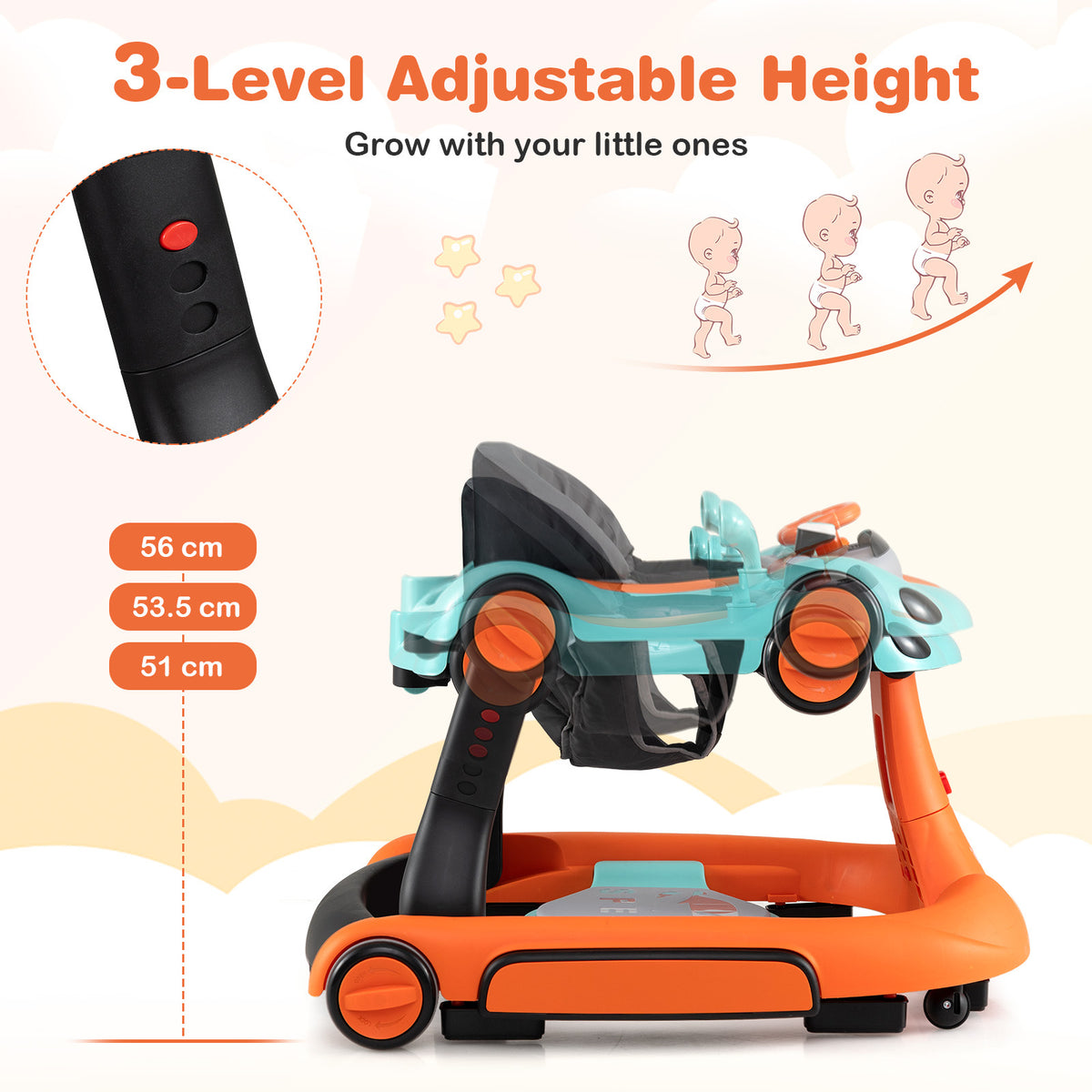 6-in-1 Baby Walker Toddler Push Car with Canopy and Wheels-Orange