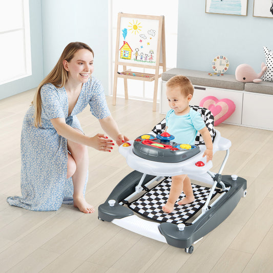 A mother watching her baby happily playing in the baby walker in a nursery room