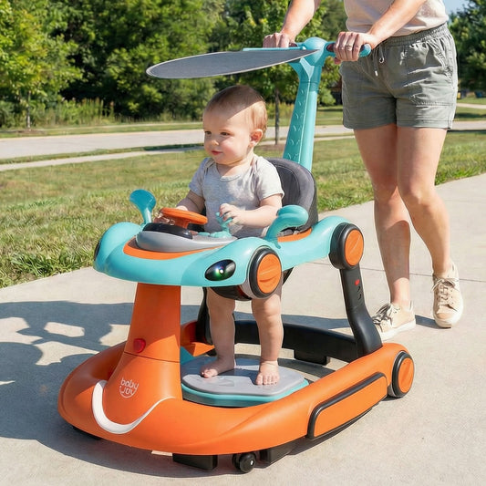 Baby walker toddler push car with a canopy and parent handle being pushed outdoors