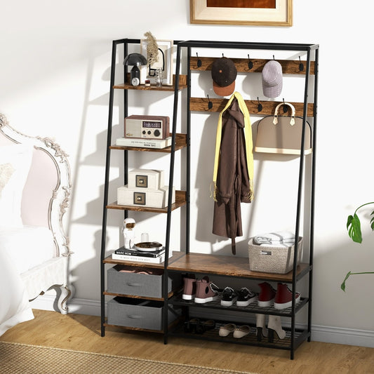 The coat rack with items on display, including coats, bags, shoes and books