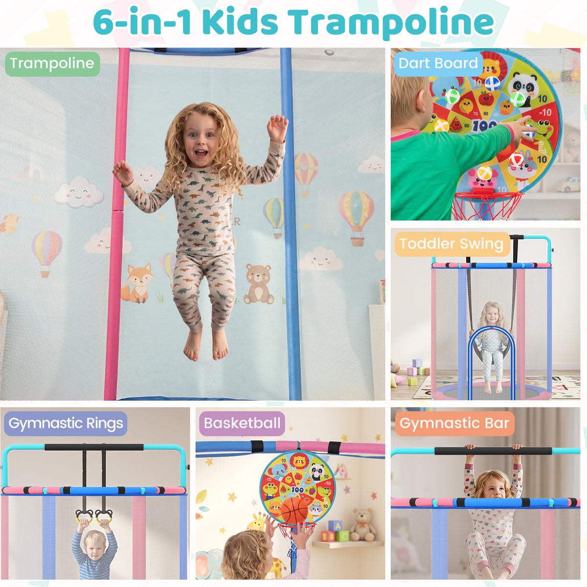 The kids trampoline demonstrating multiple play activities like swinging and gymnastics