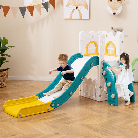Children playing on the L-shaped toddler slide indoors