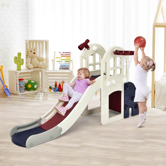 The kids slide set in a playroom with two children playing with a ball and sliding down