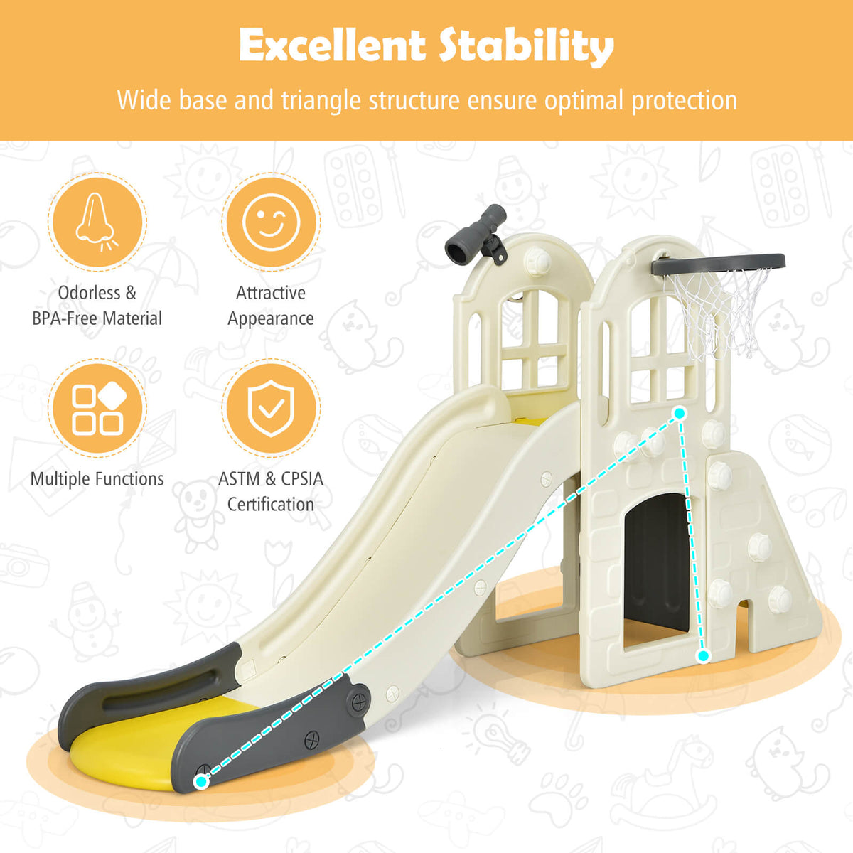 The kids slide highlighting the wide base and stable triangular structure for safety