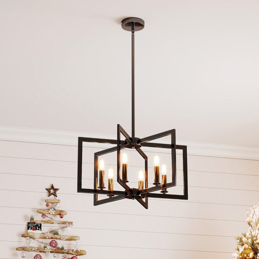 the farmhouse chandelier hanging in a room with a decorated Christmas tree nearby