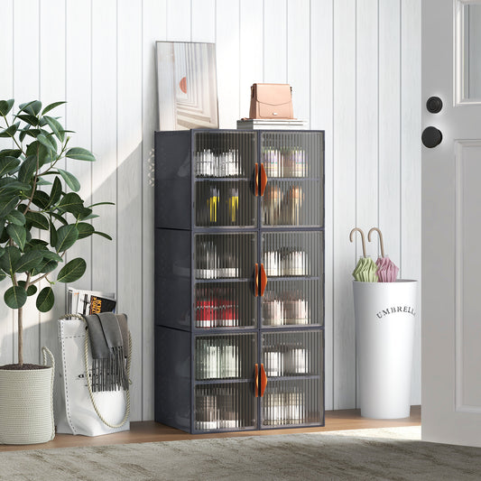 The grey shoe storage cabinet is shown in a hallway with plants and bags
