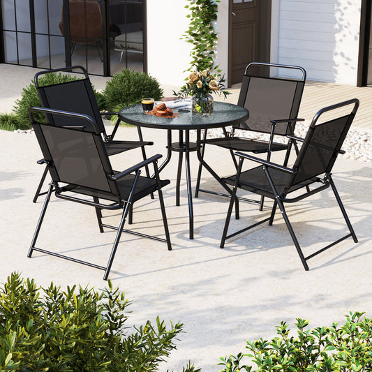 The black outdoor dining set with umbrella on a patio