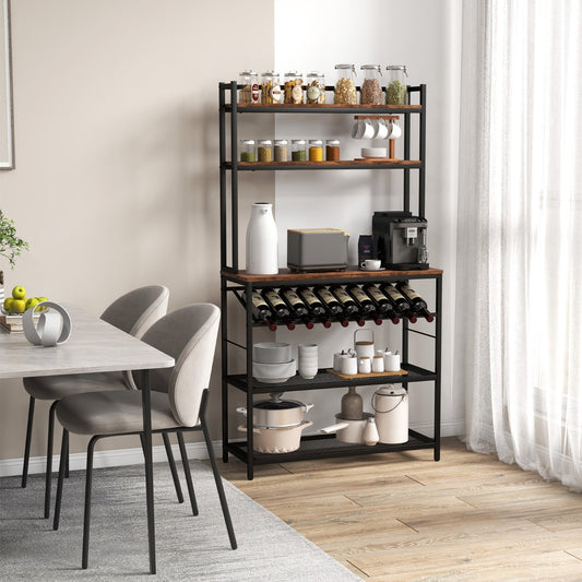 The baker's rack in a dining room, filled with jars, mugs, a coffee machine and pots