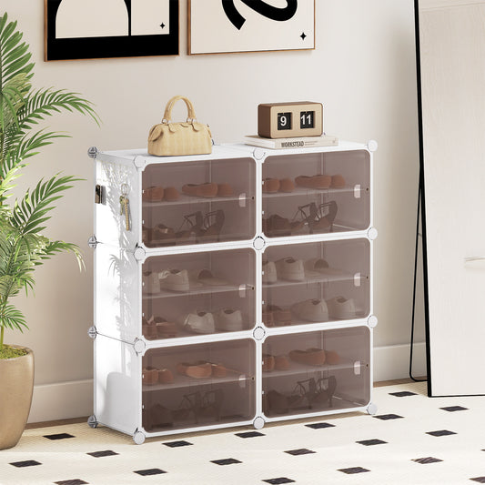 The shoe storage cabinet in a hallway with shoes inside and decorative items