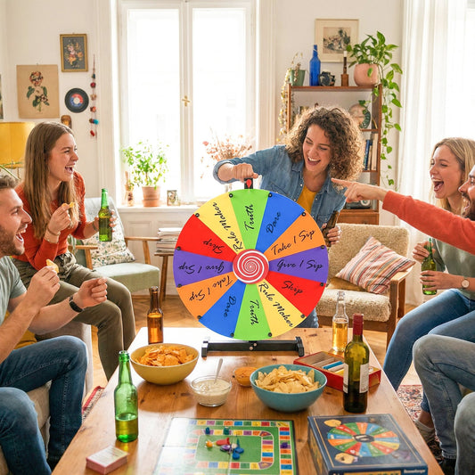 The game room wheel being used by a group of friends sitting around a table with snacks and drinks